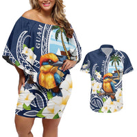 Hafa Adai Guam Couples Matching Off Shoulder Short Dress and Hawaiian Shirt Sihek Guam Kingfisher with Guasali LT7 Navy Blue - Polynesian Pride