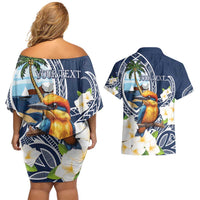 Hafa Adai Guam Couples Matching Off Shoulder Short Dress and Hawaiian Shirt Sihek Guam Kingfisher with Guasali LT7 - Polynesian Pride