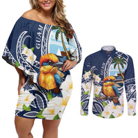 Hafa Adai Guam Couples Matching Off Shoulder Short Dress and Long Sleeve Button Shirt Sihek Guam Kingfisher with Guasali LT7 Navy Blue - Polynesian Pride