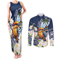 Hafa Adai Guam Couples Matching Tank Maxi Dress and Long Sleeve Button Shirt Sihek Guam Kingfisher with Guasali LT7 Navy Blue - Polynesian Pride