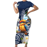 Hafa Adai Guam Family Matching Short Sleeve Bodycon Dress and Hawaiian Shirt Sihek Guam Kingfisher with Guasali LT7 Mom's Dress Navy Blue - Polynesian Pride