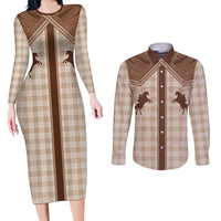 Aloha Hawaii Cowboys Paniolo Couples Matching Long Sleeve Bodycon Dress and Long Sleeve Button Shirt Beige Palaka LT7 Beige - Polynesian Pride