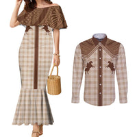 Aloha Hawaii Cowboys Paniolo Couples Matching Mermaid Dress and Long Sleeve Button Shirt Beige Palaka LT7 Beige - Polynesian Pride