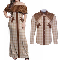 Aloha Hawaii Cowboys Paniolo Couples Matching Off Shoulder Maxi Dress and Long Sleeve Button Shirt Beige Palaka LT7 Beige - Polynesian Pride