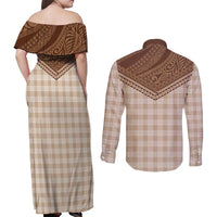 Aloha Hawaii Cowboys Paniolo Couples Matching Off Shoulder Maxi Dress and Long Sleeve Button Shirt Beige Palaka LT7 - Polynesian Pride