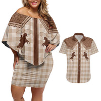 Aloha Hawaii Cowboys Paniolo Couples Matching Off Shoulder Short Dress and Hawaiian Shirt Beige Palaka LT7 Beige - Polynesian Pride