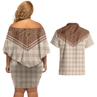 Aloha Hawaii Cowboys Paniolo Couples Matching Off Shoulder Short Dress and Hawaiian Shirt Beige Palaka LT7 - Polynesian Pride