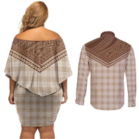 Aloha Hawaii Cowboys Paniolo Couples Matching Off Shoulder Short Dress and Long Sleeve Button Shirt Beige Palaka LT7 - Polynesian Pride