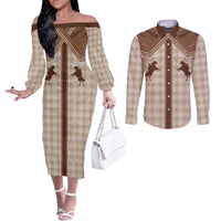 Aloha Hawaii Cowboys Paniolo Couples Matching Off The Shoulder Long Sleeve Dress and Long Sleeve Button Shirt Beige Palaka LT7 Beige - Polynesian Pride