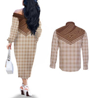 Aloha Hawaii Cowboys Paniolo Couples Matching Off The Shoulder Long Sleeve Dress and Long Sleeve Button Shirt Beige Palaka LT7 - Polynesian Pride