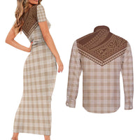Aloha Hawaii Cowboys Paniolo Couples Matching Short Sleeve Bodycon Dress and Long Sleeve Button Shirt Beige Palaka LT7 - Polynesian Pride