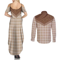 Aloha Hawaii Cowboys Paniolo Couples Matching Summer Maxi Dress and Long Sleeve Button Shirt Beige Palaka LT7 - Polynesian Pride