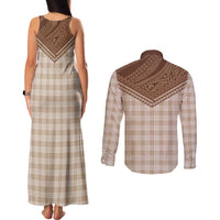 Aloha Hawaii Cowboys Paniolo Couples Matching Tank Maxi Dress and Long Sleeve Button Shirt Beige Palaka LT7 - Polynesian Pride
