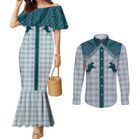Aloha Hawaii Cowboys Paniolo Couples Matching Mermaid Dress and Long Sleeve Button Shirt Teal Palaka LT7 Teal - Polynesian Pride