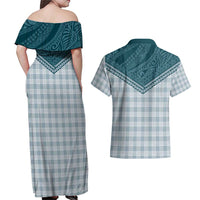 Aloha Hawaii Cowboys Paniolo Couples Matching Off Shoulder Maxi Dress and Hawaiian Shirt Teal Palaka LT7 - Polynesian Pride