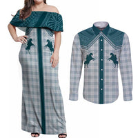 Aloha Hawaii Cowboys Paniolo Couples Matching Off Shoulder Maxi Dress and Long Sleeve Button Shirt Teal Palaka LT7 Teal - Polynesian Pride