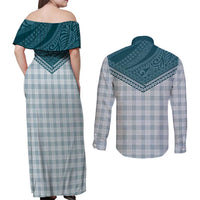 Aloha Hawaii Cowboys Paniolo Couples Matching Off Shoulder Maxi Dress and Long Sleeve Button Shirt Teal Palaka LT7 - Polynesian Pride