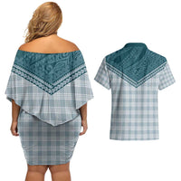 Aloha Hawaii Cowboys Paniolo Couples Matching Off Shoulder Short Dress and Hawaiian Shirt Teal Palaka LT7 - Polynesian Pride