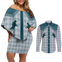 Aloha Hawaii Cowboys Paniolo Couples Matching Off Shoulder Short Dress and Long Sleeve Button Shirt Teal Palaka LT7 Teal - Polynesian Pride
