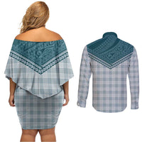 Aloha Hawaii Cowboys Paniolo Couples Matching Off Shoulder Short Dress and Long Sleeve Button Shirt Teal Palaka LT7 - Polynesian Pride
