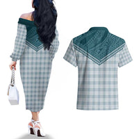 Aloha Hawaii Cowboys Paniolo Couples Matching Off The Shoulder Long Sleeve Dress and Hawaiian Shirt Teal Palaka LT7 - Polynesian Pride