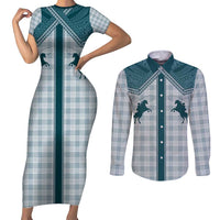 Aloha Hawaii Cowboys Paniolo Couples Matching Short Sleeve Bodycon Dress and Long Sleeve Button Shirt Teal Palaka LT7 Teal - Polynesian Pride