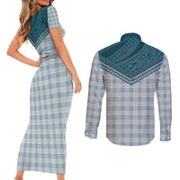 Aloha Hawaii Cowboys Paniolo Couples Matching Short Sleeve Bodycon Dress and Long Sleeve Button Shirt Teal Palaka LT7 - Polynesian Pride