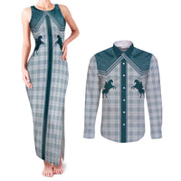 Aloha Hawaii Cowboys Paniolo Couples Matching Tank Maxi Dress and Long Sleeve Button Shirt Teal Palaka LT7 Teal - Polynesian Pride