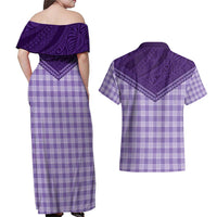 Aloha Hawaii Cowboys Paniolo Couples Matching Off Shoulder Maxi Dress and Hawaiian Shirt Violet Palaka LT7 - Polynesian Pride