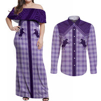 Aloha Hawaii Cowboys Paniolo Couples Matching Off Shoulder Maxi Dress and Long Sleeve Button Shirt Violet Palaka LT7 Purple - Polynesian Pride