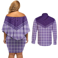 Aloha Hawaii Cowboys Paniolo Couples Matching Off Shoulder Short Dress and Long Sleeve Button Shirt Violet Palaka LT7 - Polynesian Pride