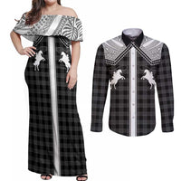 Aloha Hawaii Cowboys Paniolo Couples Matching Off Shoulder Maxi Dress and Long Sleeve Button Shirt Black Palaka LT7 Black - Polynesian Pride