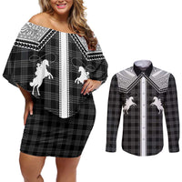 Aloha Hawaii Cowboys Paniolo Couples Matching Off Shoulder Short Dress and Long Sleeve Button Shirt Black Palaka LT7 Black - Polynesian Pride