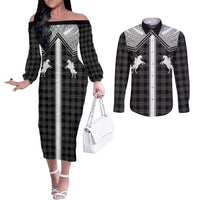 Aloha Hawaii Cowboys Paniolo Couples Matching Off The Shoulder Long Sleeve Dress and Long Sleeve Button Shirt Black Palaka LT7 Black - Polynesian Pride