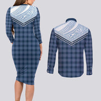 Aloha Hawaii Cowboys Paniolo Couples Matching Long Sleeve Bodycon Dress and Long Sleeve Button Shirt Navy Blue Palaka LT7 - Polynesian Pride