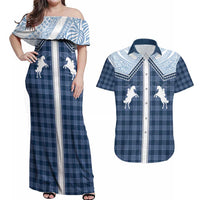 Aloha Hawaii Cowboys Paniolo Couples Matching Off Shoulder Maxi Dress and Hawaiian Shirt Navy Blue Palaka LT7 Navy - Polynesian Pride