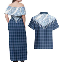 Aloha Hawaii Cowboys Paniolo Couples Matching Off Shoulder Maxi Dress and Hawaiian Shirt Navy Blue Palaka LT7 - Polynesian Pride