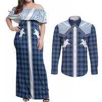 Aloha Hawaii Cowboys Paniolo Couples Matching Off Shoulder Maxi Dress and Long Sleeve Button Shirt Navy Blue Palaka LT7 Navy - Polynesian Pride