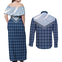 Aloha Hawaii Cowboys Paniolo Couples Matching Off Shoulder Maxi Dress and Long Sleeve Button Shirt Navy Blue Palaka LT7 - Polynesian Pride
