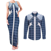 Aloha Hawaii Cowboys Paniolo Couples Matching Tank Maxi Dress and Long Sleeve Button Shirt Navy Blue Palaka LT7 Navy - Polynesian Pride