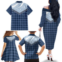 Aloha Hawaii Cowboys Paniolo Family Matching Off The Shoulder Long Sleeve Dress and Hawaiian Shirt Navy Blue Palaka LT7 - Polynesian Pride