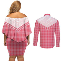 Aloha Hawaii Cowboys Paniolo Couples Matching Off Shoulder Short Dress and Long Sleeve Button Shirt Rose Palaka LT7 - Polynesian Pride