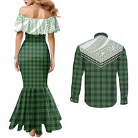 Aloha Hawaii Cowboys Paniolo Couples Matching Mermaid Dress and Long Sleeve Button Shirt Forest Green Palaka LT7 - Polynesian Pride