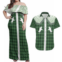 Aloha Hawaii Cowboys Paniolo Couples Matching Off Shoulder Maxi Dress and Hawaiian Shirt Forest Green Palaka LT7 Dark Green - Polynesian Pride