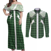 Aloha Hawaii Cowboys Paniolo Couples Matching Off Shoulder Maxi Dress and Long Sleeve Button Shirt Forest Green Palaka LT7 Dark Green - Polynesian Pride