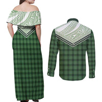 Aloha Hawaii Cowboys Paniolo Couples Matching Off Shoulder Maxi Dress and Long Sleeve Button Shirt Forest Green Palaka LT7 - Polynesian Pride