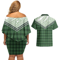 Aloha Hawaii Cowboys Paniolo Couples Matching Off Shoulder Short Dress and Hawaiian Shirt Forest Green Palaka LT7 - Polynesian Pride