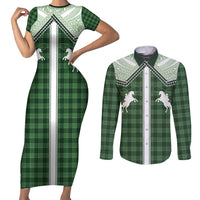 Aloha Hawaii Cowboys Paniolo Couples Matching Short Sleeve Bodycon Dress and Long Sleeve Button Shirt Forest Green Palaka LT7 Dark Green - Polynesian Pride