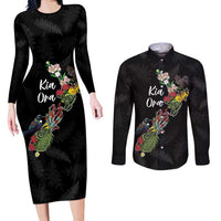 Kia Ora New Zealand Floral Personalized Couples Matching Long Sleeve Bodycon Dress and Long Sleeve Button Shirt Black LT7 Black - Polynesian Pride