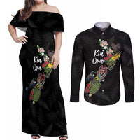 Kia Ora New Zealand Floral Personalized Couples Matching Off Shoulder Maxi Dress and Long Sleeve Button Shirt Black LT7 Black - Polynesian Pride